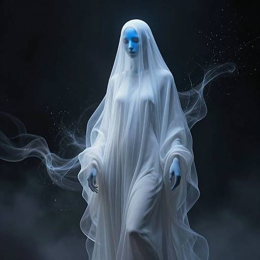 Ghostly figure with glowing blue face, translucent white robe, and misty tendrils, standing against a dark, starry background. Digital art.