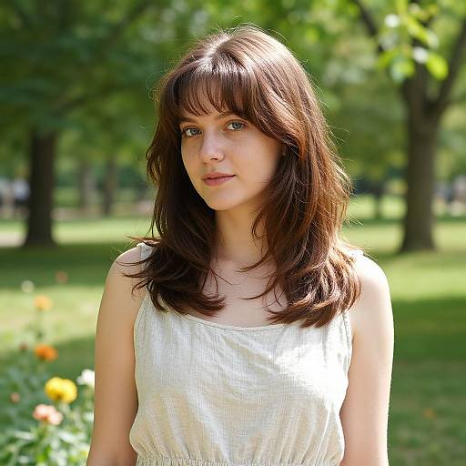 Woman in Sunlit Park with Side-Swept Hair