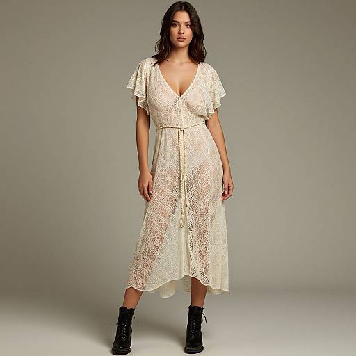 Photograph of a confident, dark-haired woman in a white, lace, V-neck, short-sleeve, midi dress with a cinched waist