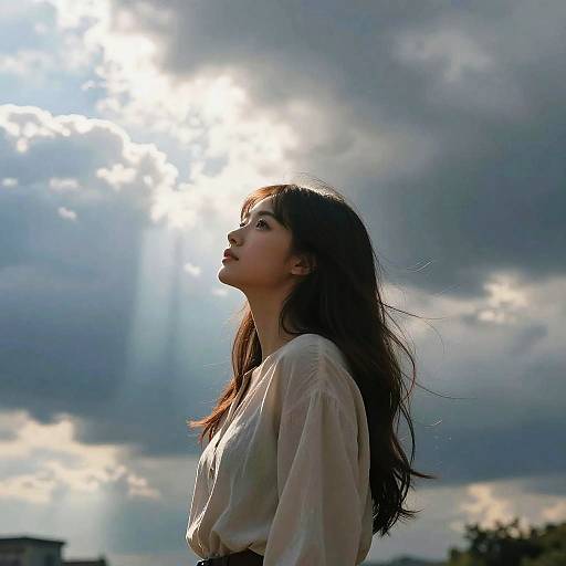 Photograph of a young woman with long, dark hair and fair skin, wearing a sheer white blouse, standing in profile against a sunlit, cloudy