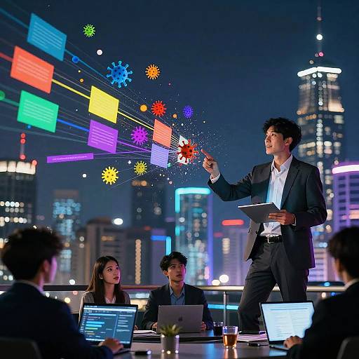 Photograph of a male presenter in a black suit and white shirt, standing and throwing colorful digital stars over a city skyline at night, speaking to a