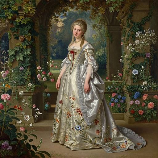 Baroque-style portrait of a fair-skinned woman in an elaborate, silver-embroidered silk gown, standing amidst a lush garden of vibrant flowers