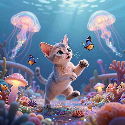 Playful Abyssinian Kitten in Fantasy Reef