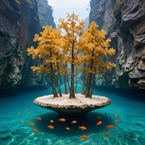 Photorealistic CGI of a small island with bright orange trees surrounded by turquoise water, surrounded by towering rock cliffs, with orange fish swimming around the base