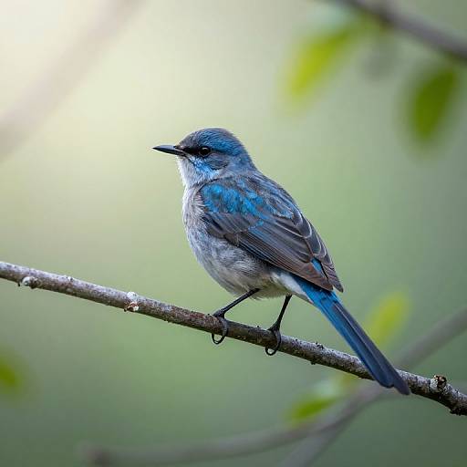 Photograph of a blue and grey Eastern Bluebird perched on a branch, with a soft, blurred green and white bokeh background.