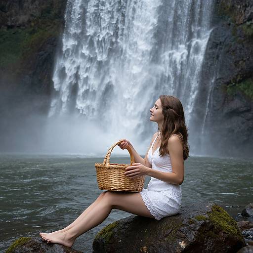 Young woman with long brown hair, wearing a white lace dress, sitting on a mossy rock, holding a wicker basket, gazing at a