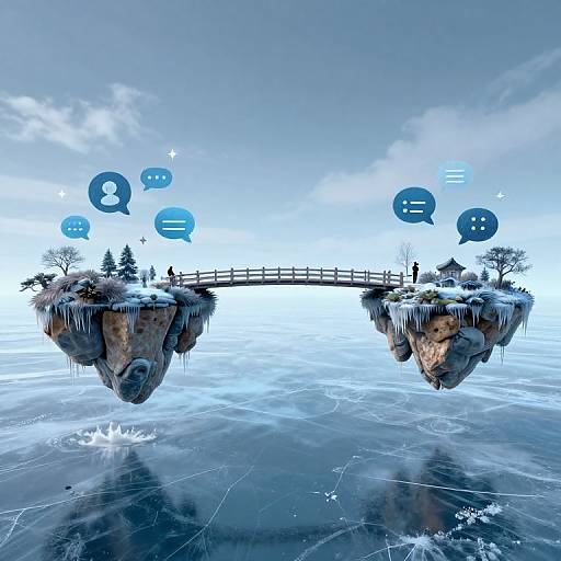 Digital artwork of two floating islands with icicles, connected by a wooden bridge, surrounded by icy water, featuring blue speech bubbles with icons.