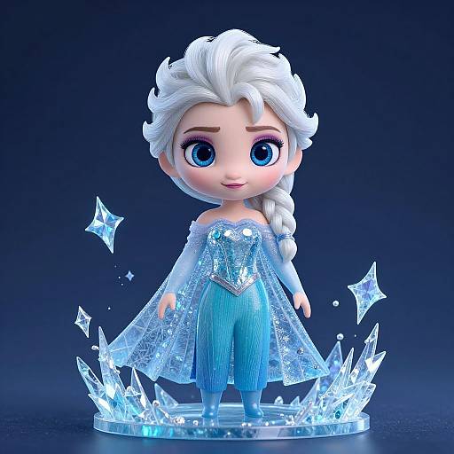 Digital CGI image of a chibi-style Elsa doll with large blue eyes, white hair in a braid, wearing an ice-blue Frozen outfit, standing