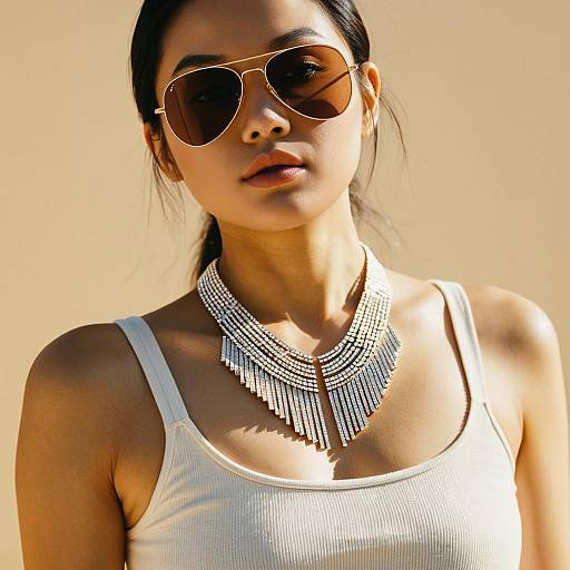 East Asian woman with aviator sunglasses and statement necklace
