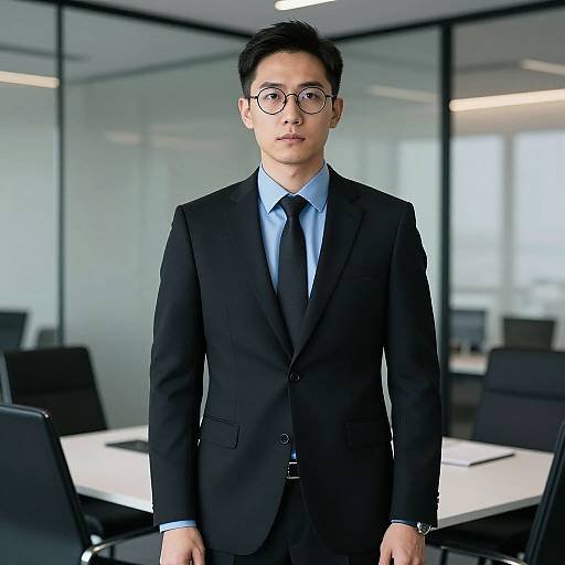 Photograph of an Asian man with short black hair, wearing glasses, a black suit, blue shirt, and black tie, standing in a modern,