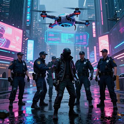 CGI image of a rainy neon-lit city street; six police officers in dark uniforms surround a hooded figure, with a drone hovering above displaying