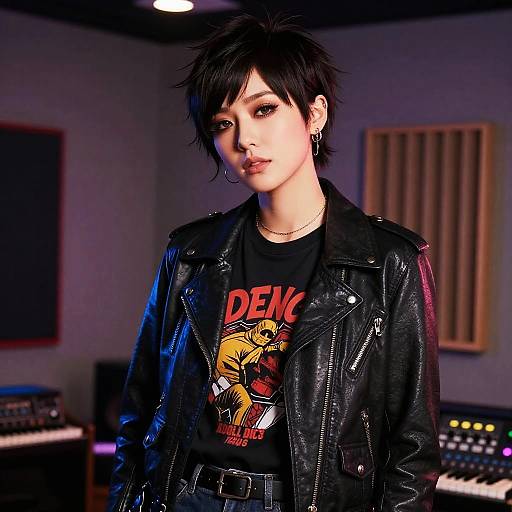 Female musician with Soul Patch hairstyle in leather jacket