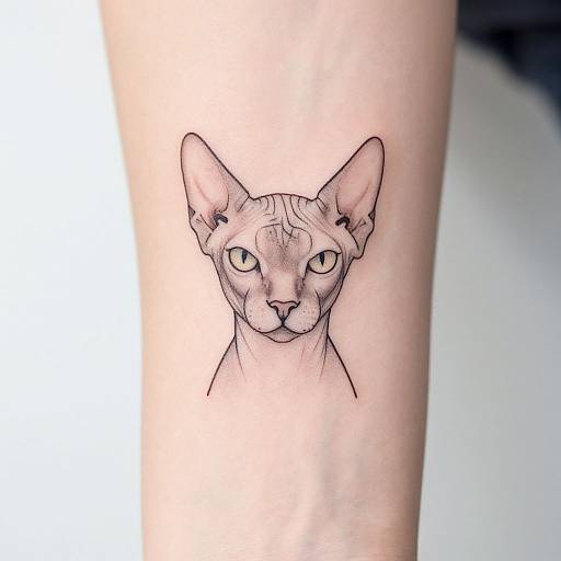 Black ink tattoo of a detailed, realistic cat head with large ears and piercing eyes on a pale human arm.