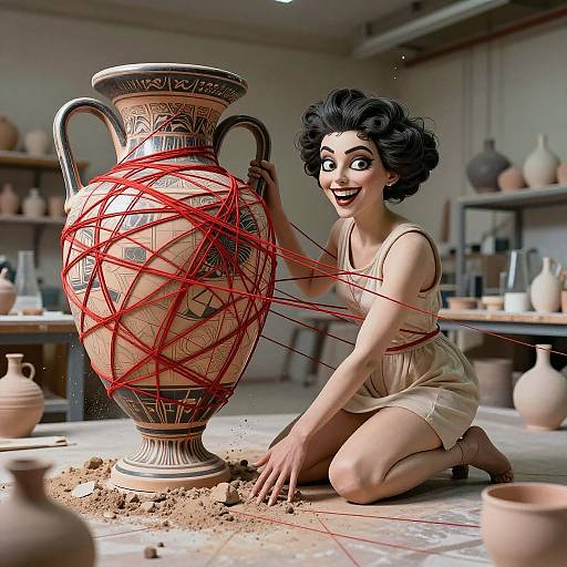 Digital artwork of a smiling, black-haired woman in a beige dress, kneeling and wrapping a large, ornate vase with red string in a pottery workshop