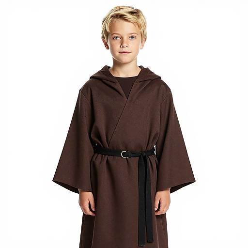 Photograph of a young blonde boy with light skin, wearing a dark brown, belted robe, standing against a white background.
