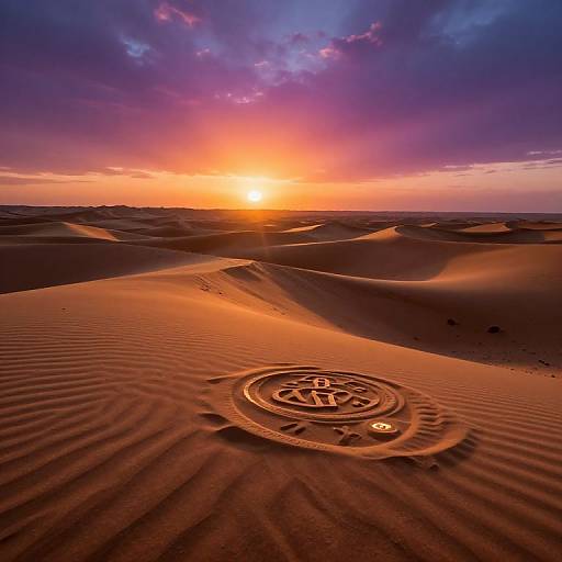 Photograph of a desert sunset with vibrant orange and purple sky, sun setting over golden sand dunes, featuring a circular metal emblem in the foreground.