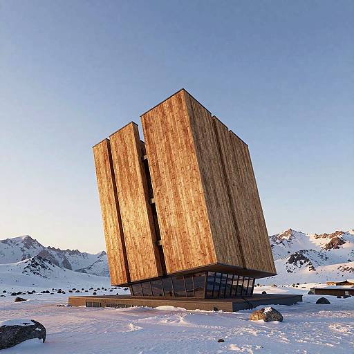 Photograph of a modern, wooden, multi-story building with a rectangular shape, standing on stilts in a snowy mountain landscape under a clear blue sky