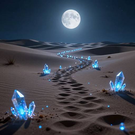 Photograph of glowing blue crystals lining a path through moonlit desert sand dunes, with a bright full moon overhead.