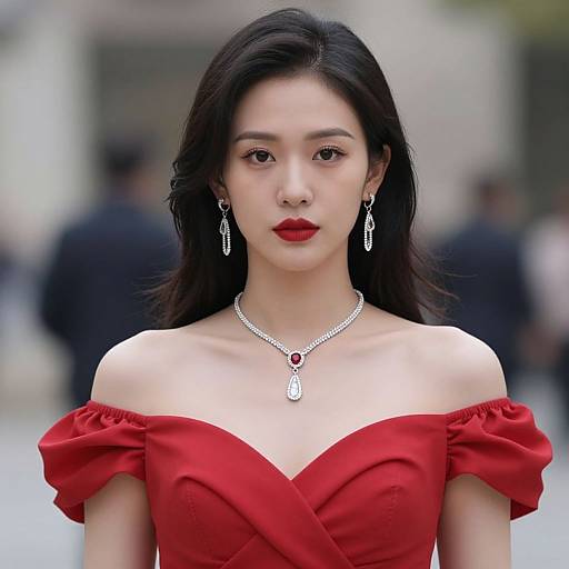 Photograph of an East Asian woman with long black hair, wearing an off-shoulder red dress, red lipstick, and elegant jewelry, standing in