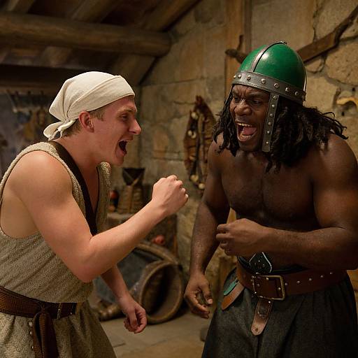 Photograph of a muscular white man in a beige tunic and white headscarf, laughing at a shirtless Black man with dreadlocks, wearing