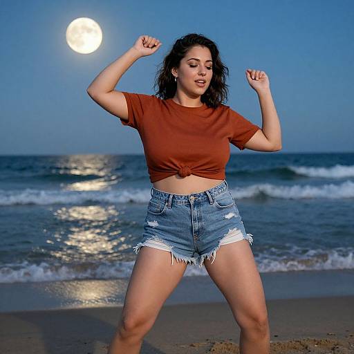 Photograph of a curvy woman with medium skin tone, black curly hair, wearing a tied brown crop top and frayed denim shorts, posing confidently