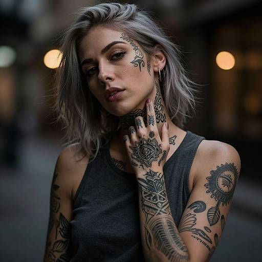 Photograph of a tattooed, silver-haired woman in a dark tank top, hand on neck, street background, bokeh lights, moody,