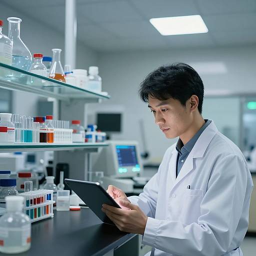 Photograph of an Asian male scientist in a white lab coat, focusing on a tablet in a brightly lit laboratory, surrounded by various glass beakers and