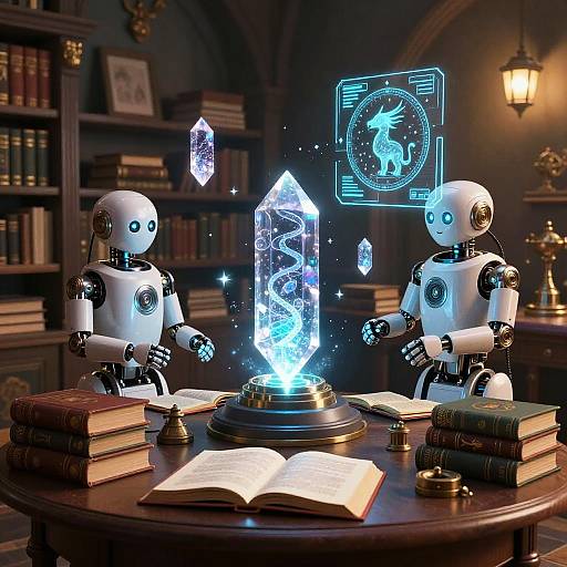 Photorealistic CGI of two white robotic figures examining a glowing crystal orb and book on a wooden table in a dimly lit library. Neon zodiac