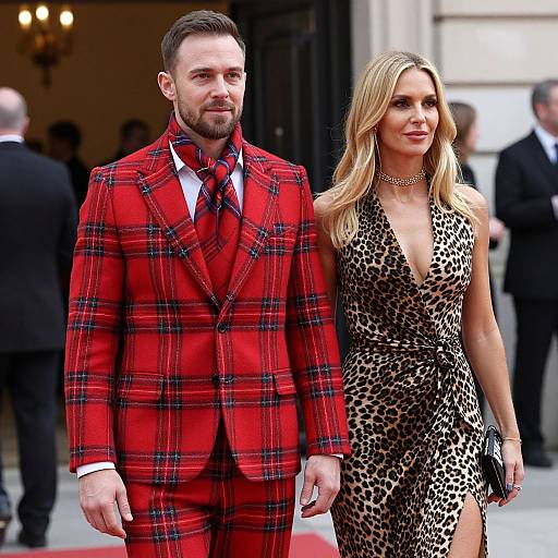 Photograph of a bearded man in a red plaid suit and a blonde woman in a leopard print dress walking arm-in-arm outdoors.