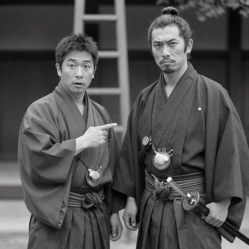 Two Japanese men in traditional attire with sword