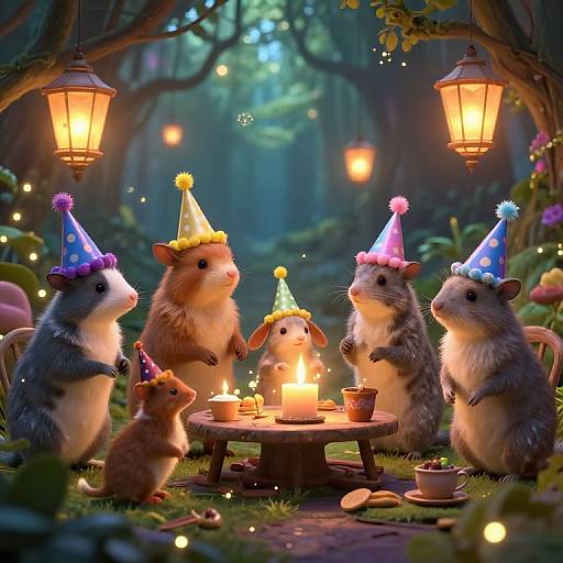 Whimsical forest scene: Four chubby, furry rodents in colorful hats gather around a candle-lit wooden table, surrounded by glowing lanterns and enchanted