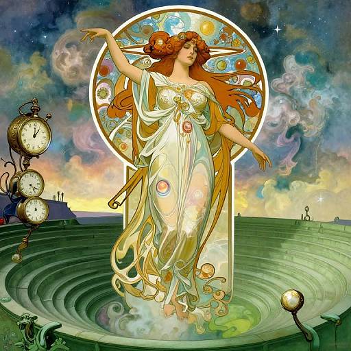 Digital art of a red-haired goddess in a flowing, translucent white gown, standing in a circular water feature with celestial background, surrounded by ornate clock