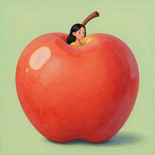 Digital illustration of a large red apple with a shiny surface, containing a small, anime-style girl with black hair, peeking out. Green background.