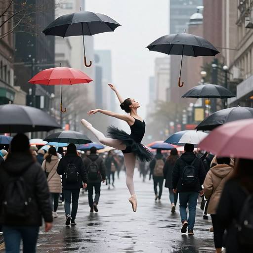Photograph of a ballerina in a black tutu and ballet shoes, mid-leap, holding three umbrellas, amidst a rainy city street