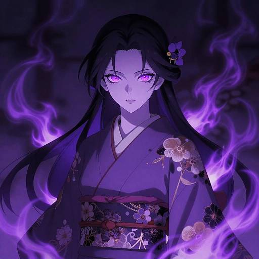 Digital anime-style artwork of a mysterious woman with long black hair, glowing purple eyes, and floral kimono, surrounded by purple flames.