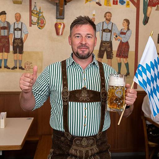 Photograph of a bearded man in a green-striped shirt and brown lederhosen, giving a thumbs-up, holding a frothy beer mug