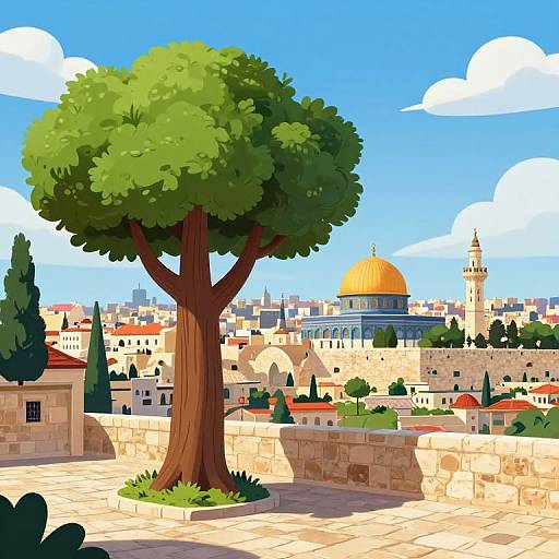 Digital artwork of a sunny, blue-sky cityscape with a large green tree, golden-domed mosque, and stone buildings in the background.