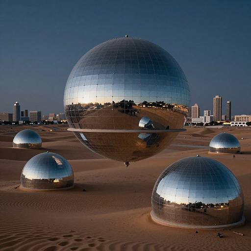 Photograph of a desert landscape at dusk, featuring a large reflective silver sphere surrounded by smaller spheres, with a city skyline in the background.