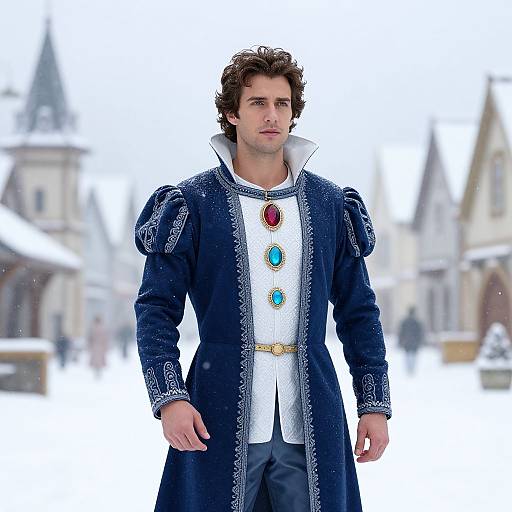 Photograph of a handsome man with curly brown hair, wearing a blue, ornate coat with white shirt, and colorful gemstone buttons, standing in