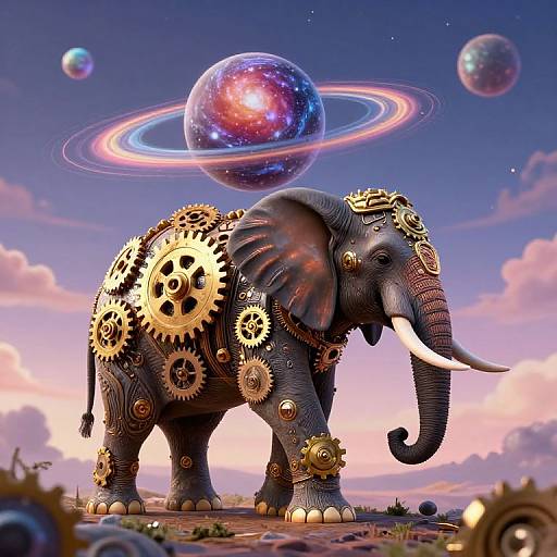 Digital artwork of a fantasy elephant with gold gears, standing on a planet-like landscape, under a cosmic sky with a glowing ringed planet.