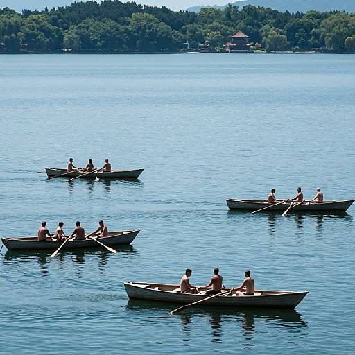 Photograph of six small rowboats with people rowing on a calm, blue lake, surrounded by green forested islands in the background.
