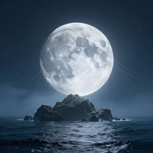 Colossal Moon Above Misty Ocean Islet