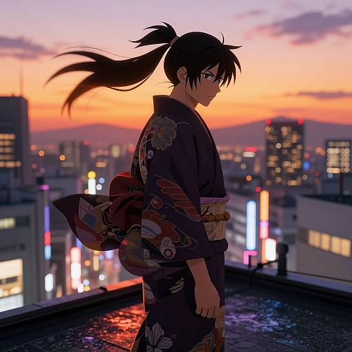 Anime-style digital illustration of a dark-haired woman in a floral kimono, standing on a rooftop at sunset, city lights reflecting in the background.