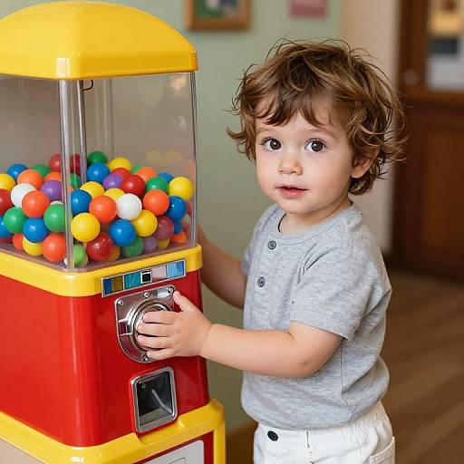 Joyful Boy with Colorful Gumball Machine