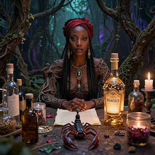 Photorealistic digital artwork of a dark-skinned woman with braids, red headwrap, intricate patterned dress, green pendant, writing in a