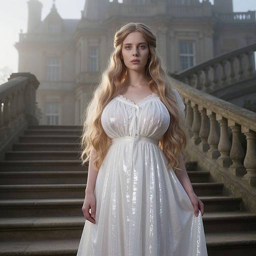 Photograph of a blonde woman with long, wavy hair in a shimmering white dress standing on stone steps in front of an ornate, historical
