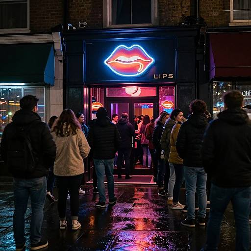 Nighttime photograph of a crowded, neon-lit Lips bar entrance with people in winter clothes, wet pavement reflecting colorful lights.