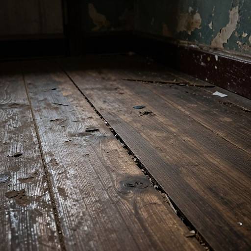 Photograph of a weathered, dark wooden floor with visible grain and cracks, reflecting light, set against a peeling, blue-green painted wall in
