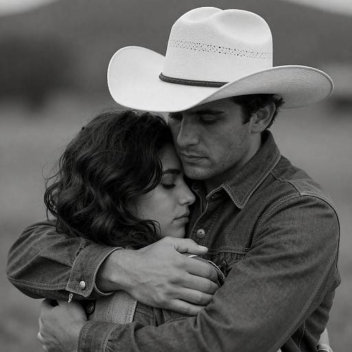 Intimate Cowboy Embrace in Monochrome