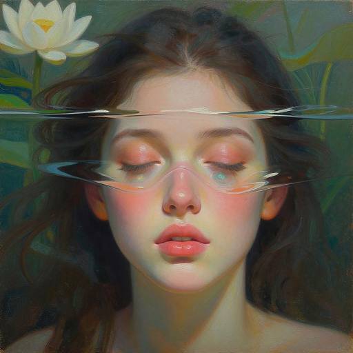 Digital painting of a fair-skinned woman with closed eyes, pink lips, and reflective water over her face, surrounded by a white water lily and